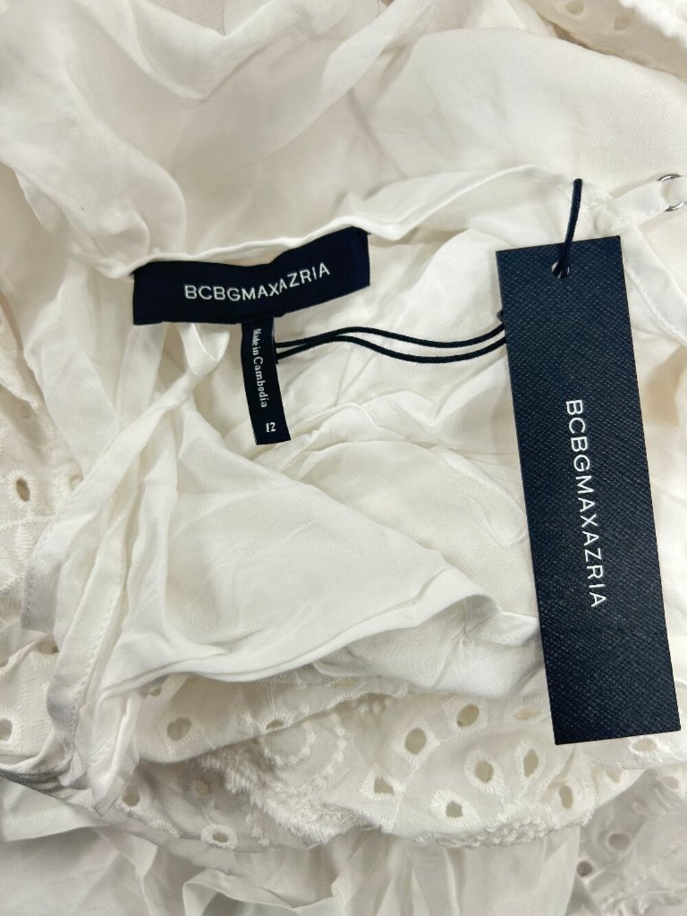 BCBGMAXAZRIA White Eyelet Lace Mini Dress Size 12 Boho Cottagecore Romantic - Picture 8 of 14